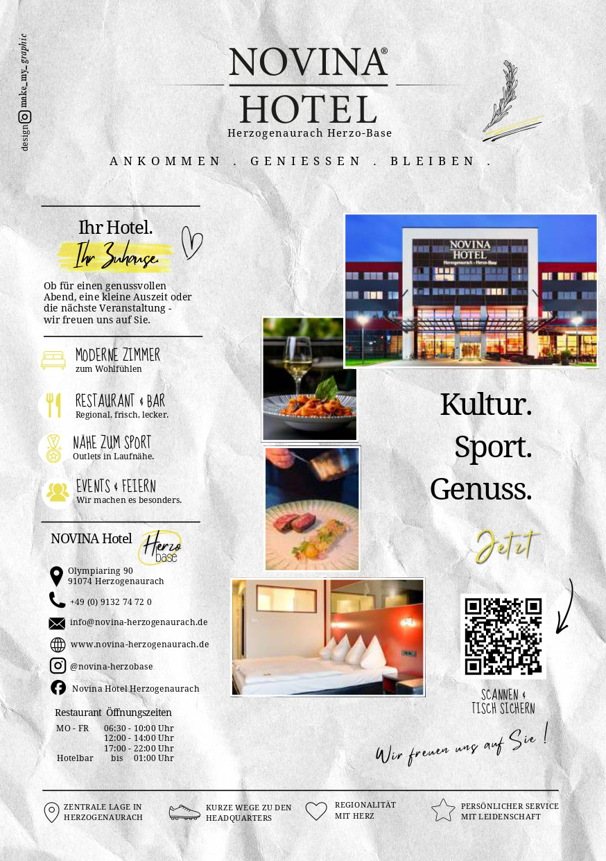 Werbeplakat Novina Hotel mit QR Code und bunten Speisefotos, einladend