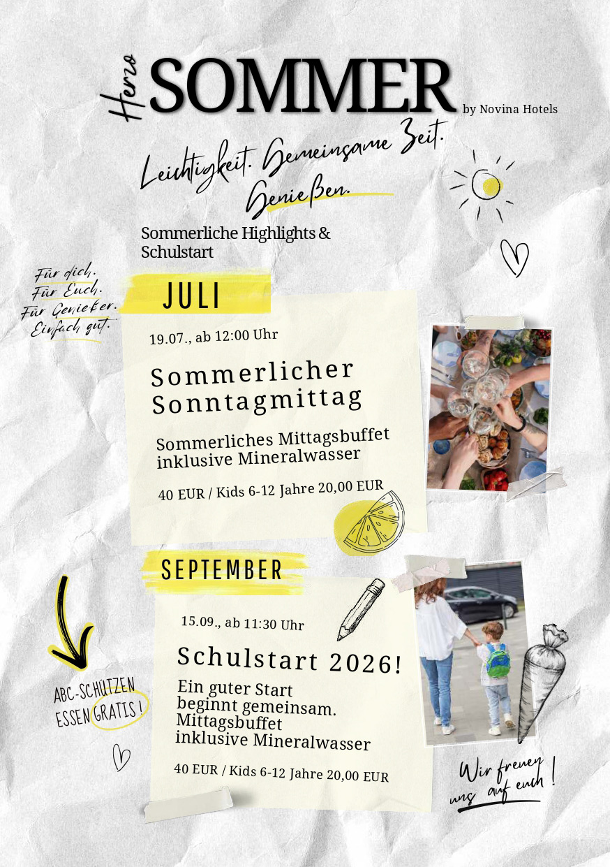 Sommerplakat mit fröhlichem Titel, gelben Akzenten und Fotoausschnitten